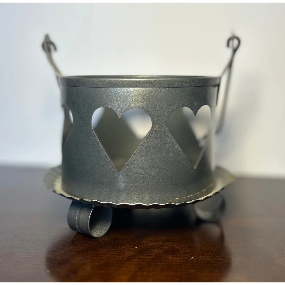 Vintage Galvanized Metal Heart Cutout Candle Holder Rustic Primitive Wood Handle